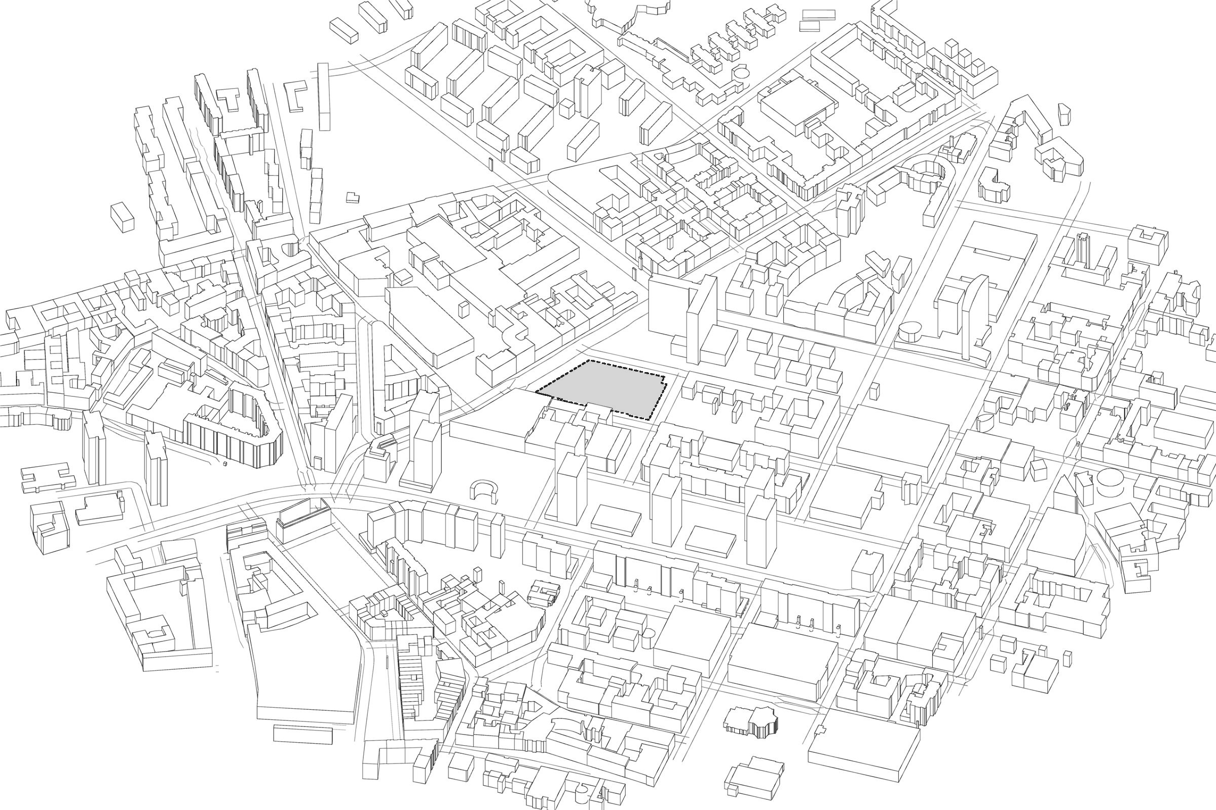 Berlin Office Building - the empty site in its context, axonometric, with the surrounding streets named