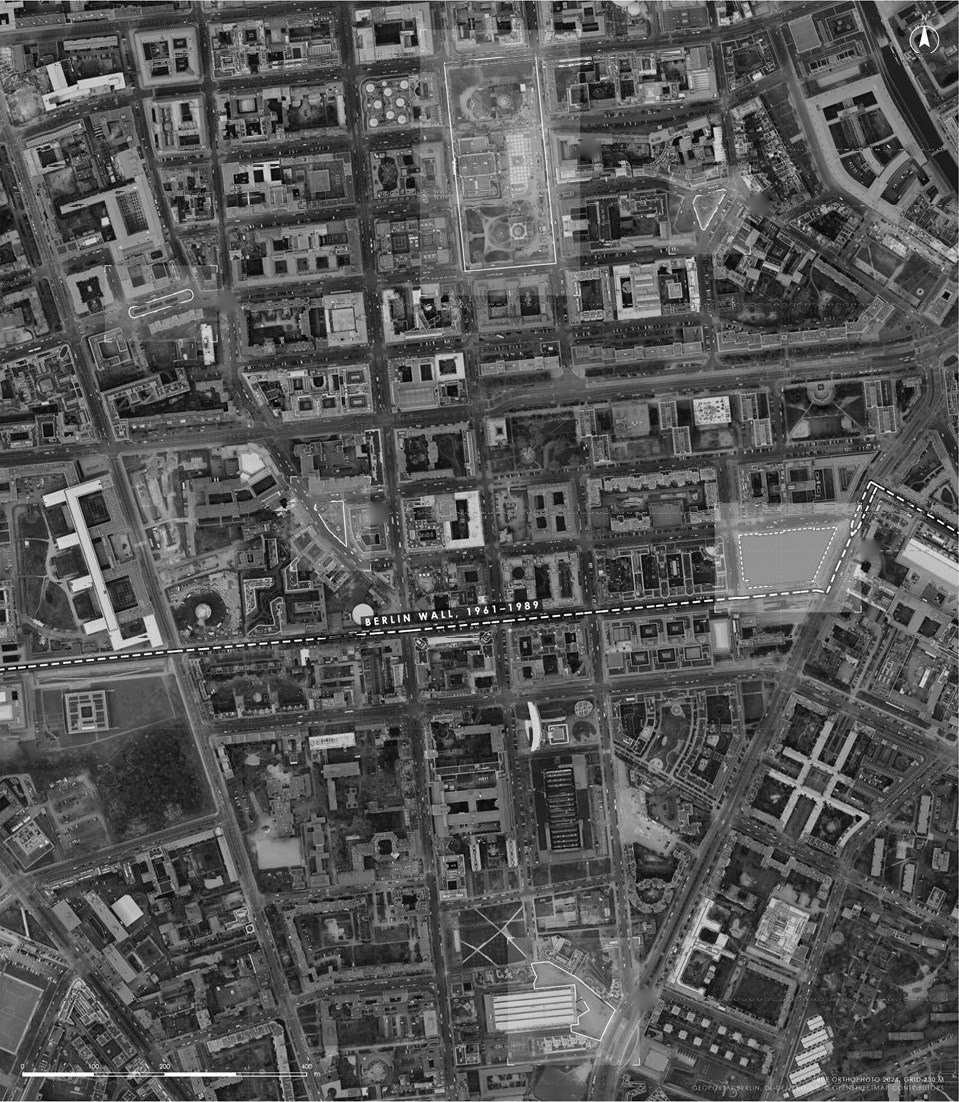 Berlin Office Building - aerial of Berlin-Mitte with the route of the Wall, the site and six public squares